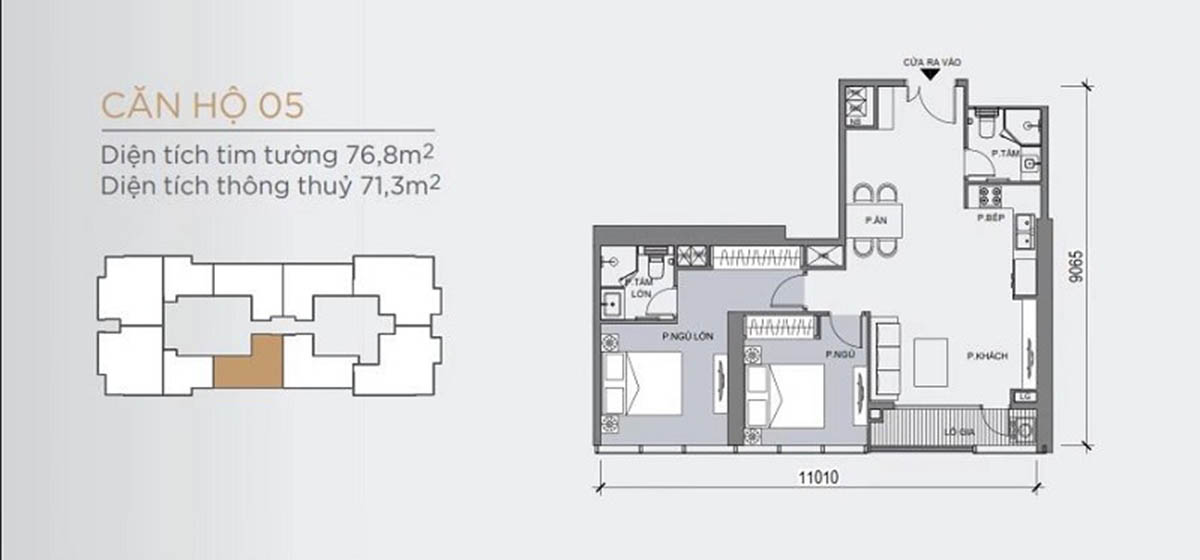 Mặt bằng thiết kế mẫu căn hộ có 2 phòng ngủ