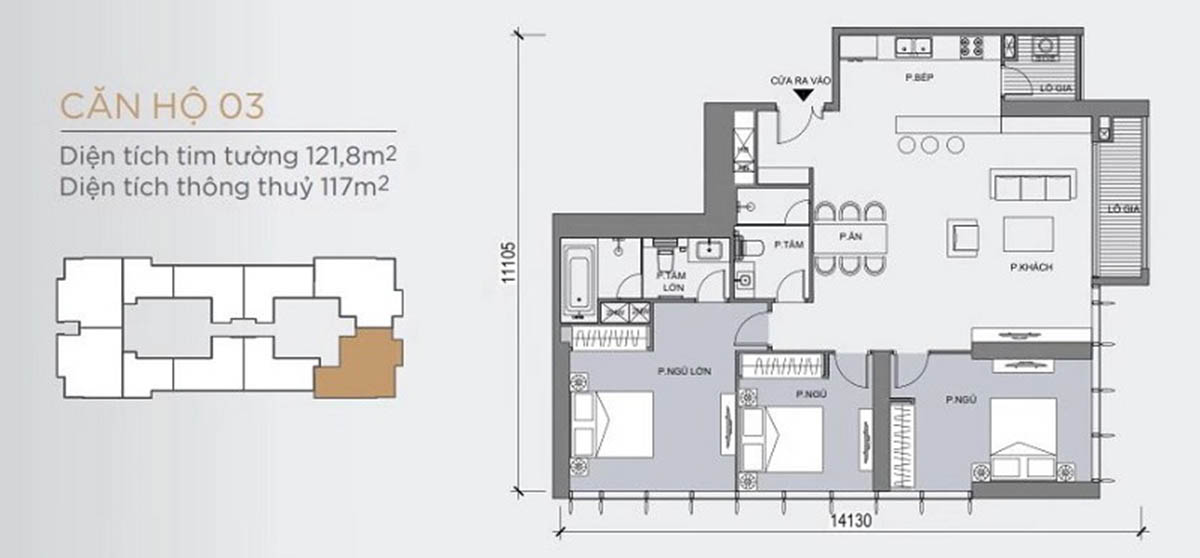 Mặt bằng thiết kế mẫu căn hộ có 3 phòng ngủ