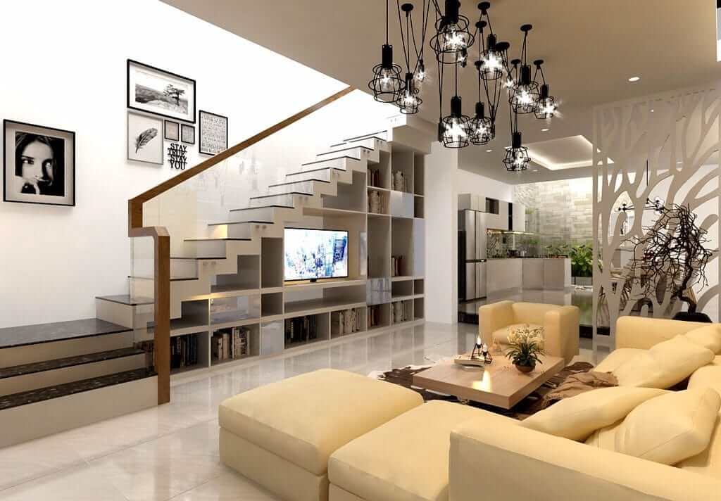 Cách bài trí phòng khách phù hợp khi có cầu thang