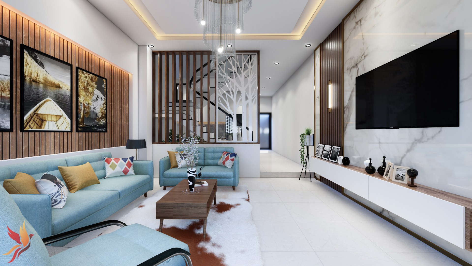 Màu sắc nội thất phòng khách nên cùng tông với thời gian